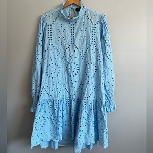 Eloquii Long Sleeve High Neck 100% Cotton Light Blue Eyelet Mini Dress Plus 22